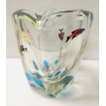 A Cenedese Murano aquarium vase, the heavy glass vase with colourful fish, shell and weed, etched