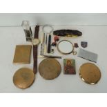 Mixed collectables including powder compacts, wristwatch, stamp case & others