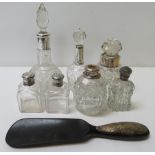 A quantity of glass scent bottles with silver collar & a silver mounted ebony shoe horn