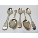 A pair of William IV silver fiddle pattern tablespoons, London 1836, together with three others,