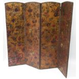 A Victorian four fold screen, having leather panels painted with bold colourful floral pattern on