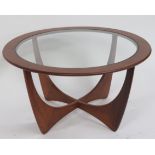 A G Plan style circular teak wood table with glass top section, 84cm diameter