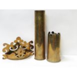 Two WWII brass shell cases & a decorative brass letter rack