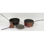 Two 19th Century copper cooking pans with long iron handles, a similar frying pan & a funnel