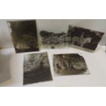 A quantity of glass photographic plates, including images of wedding group, houses, soldier on