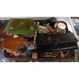 An oak tray together with assorted collectables, fans, powder compacts, trinkets & others