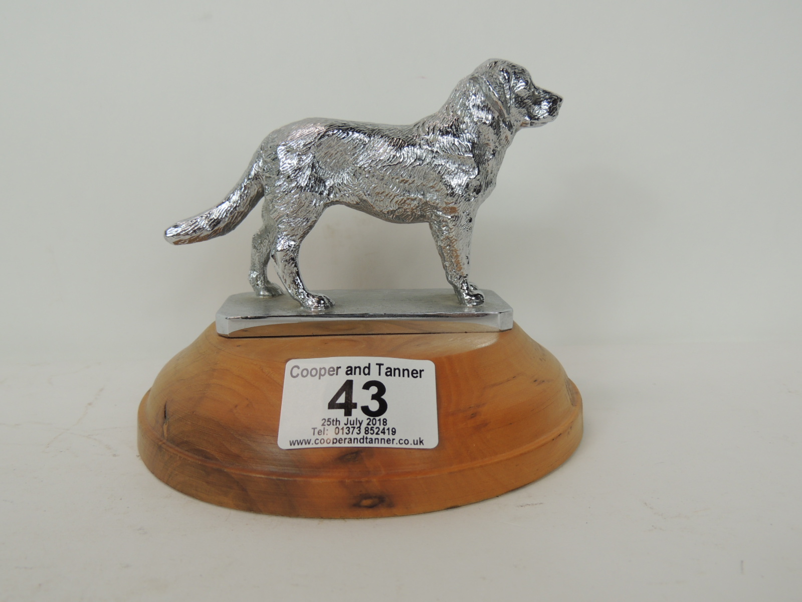 A chrome plated car mascot in the form of a standing labrador type dog, mounted on circular wood