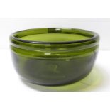 A Swedish moss green glass bowl with etched marks to base "Ekenas Sweden L935" 19.5cm diameter