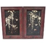 A pair of late 19th Century Japanese panel set with raised bone decoration of songbird, wisteria &