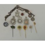 Four silver fob medallions, a silver & rose gold medallion & other items