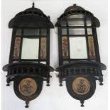 A pair of Victorian Aesthetic style wall hanging mirror & shelves, ebonised wood with floral painted