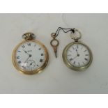 An open face pocket watch in white metal case & having white enamel dial together with another by