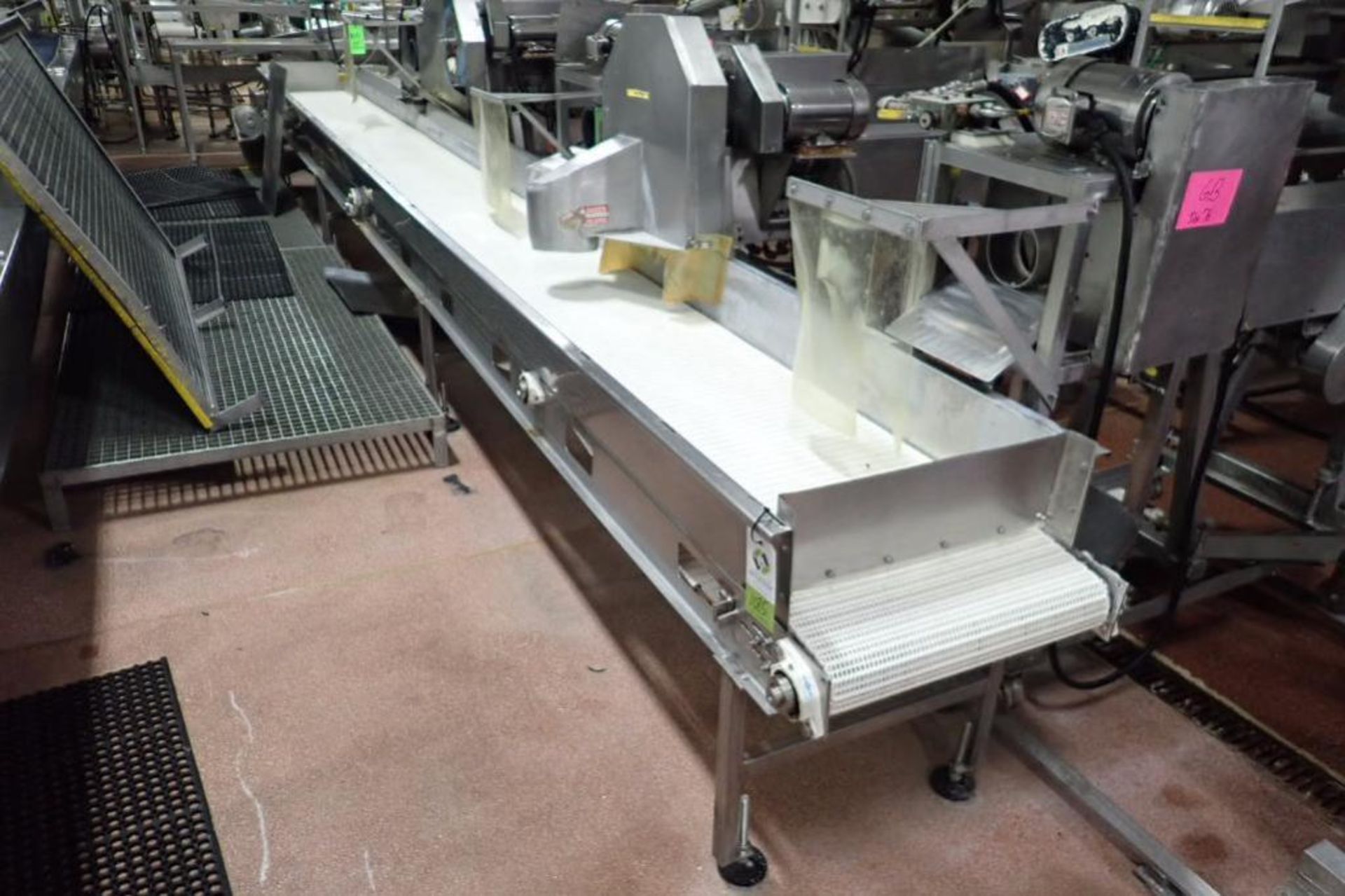 Belt conveyor, plastic belt 24 ft. long x 23 in. wide x 30 in. tall, SS frame, SS washdown motor and