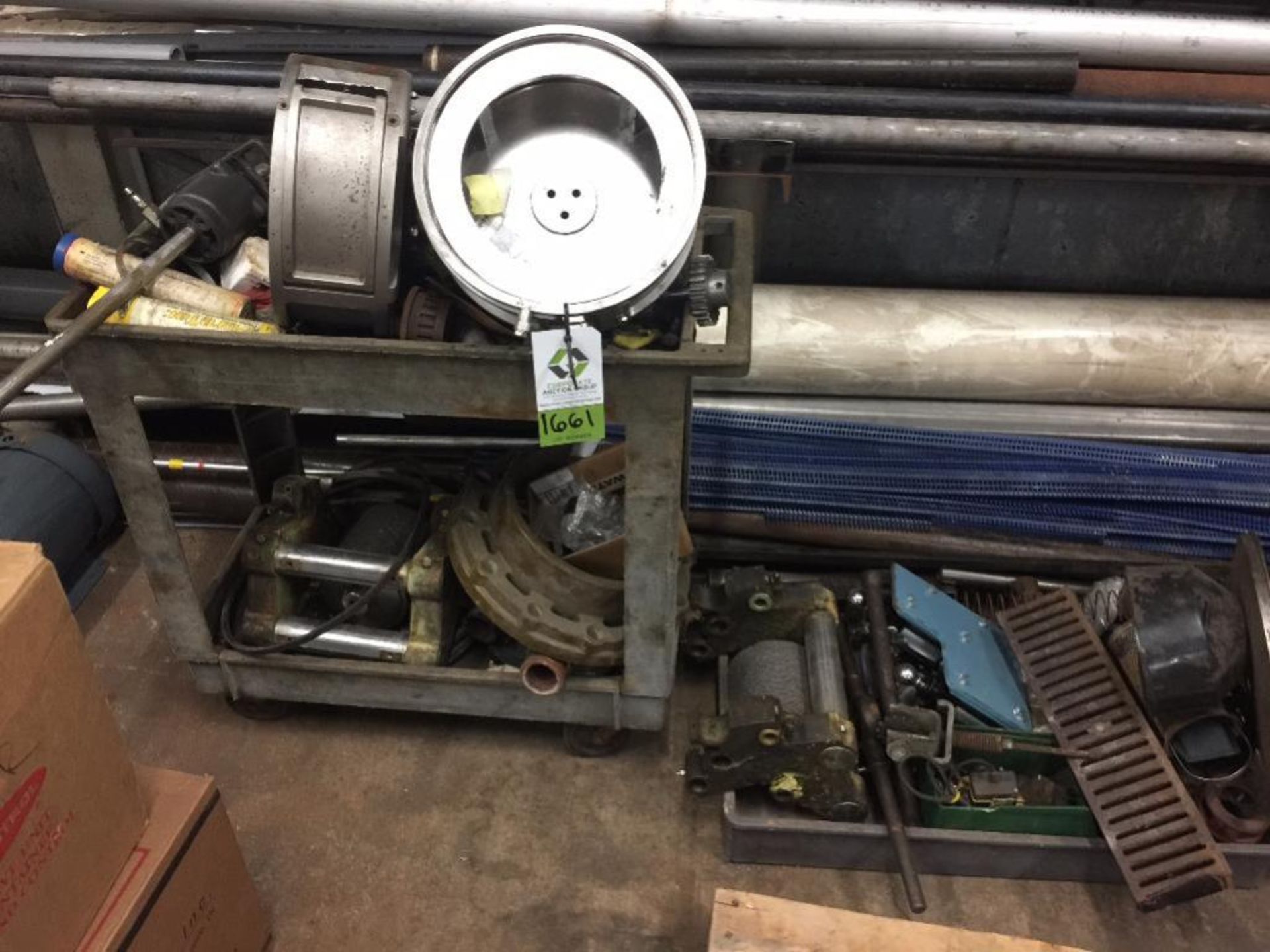 Poly cart with assorted Urschel parts and tub of Urshel parts ** Rigging Fee: $150 **