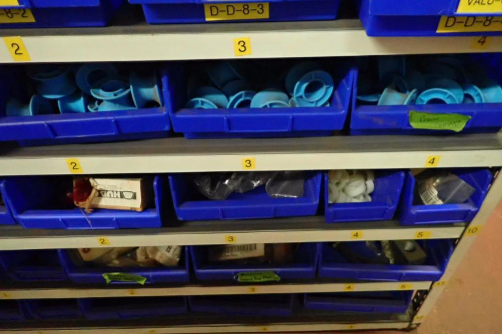 Contents only of 3 sections of shelving, conveyor parts, roller, clamps, springs, rod ends, hydrauli - Image 11 of 22