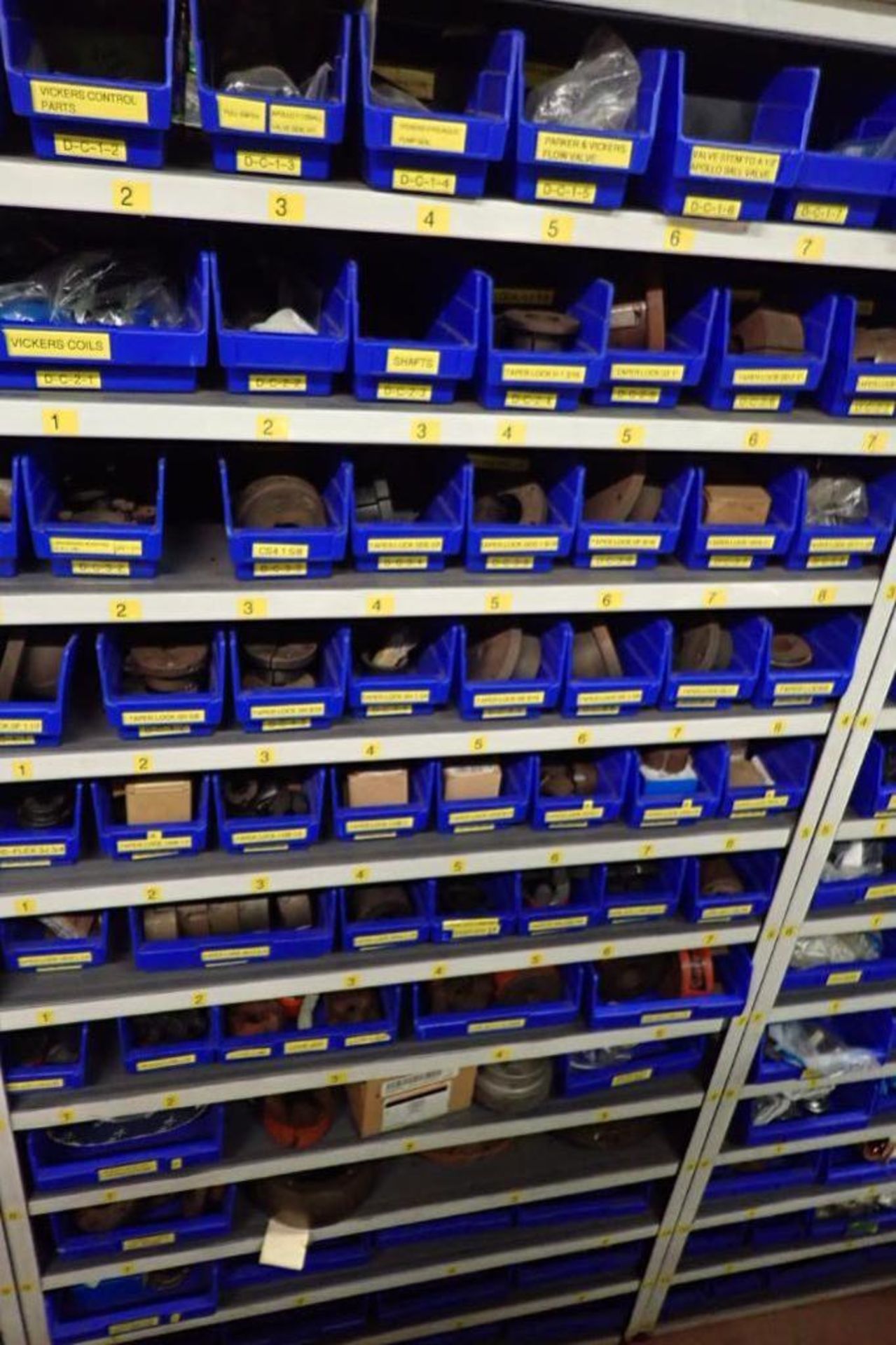 Contents only of 3 sections of shelving, conveyor parts, roller, clamps, springs, rod ends, hydrauli - Image 3 of 22