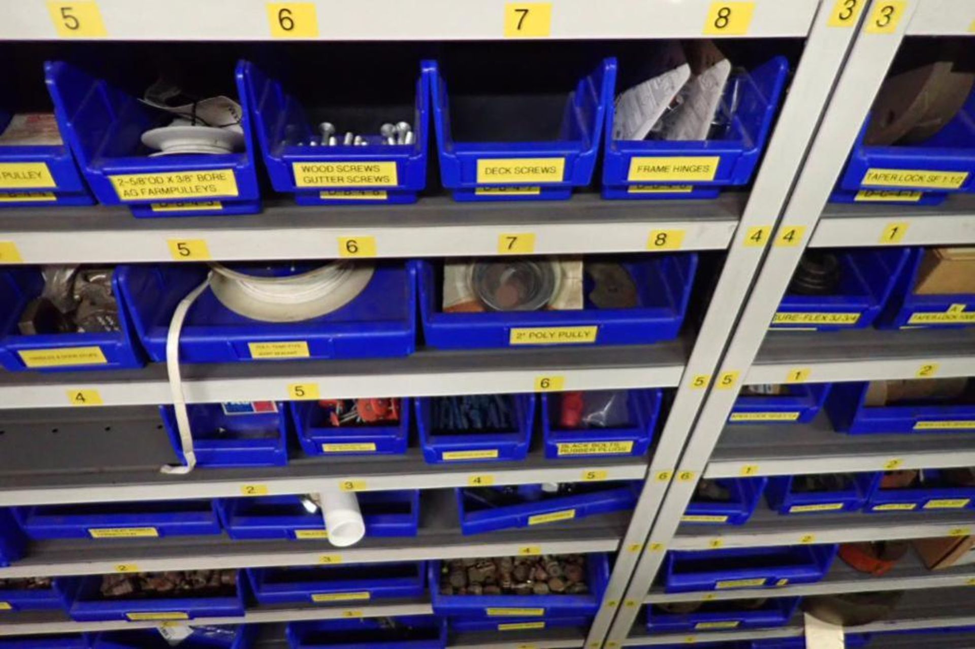 Contents only of 3 sections of shelving, conveyor parts, roller, clamps, springs, rod ends, hydrauli - Image 17 of 22