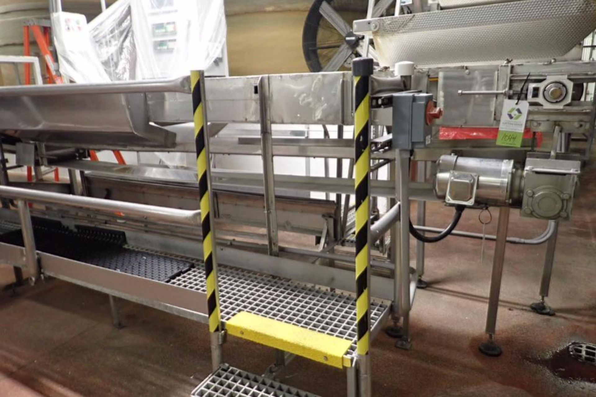 Belt conveyor, 135 in. long x 12 in. wide vinyl belt, SS frame, motor and drive, no legs ** Rigging - Image 3 of 5