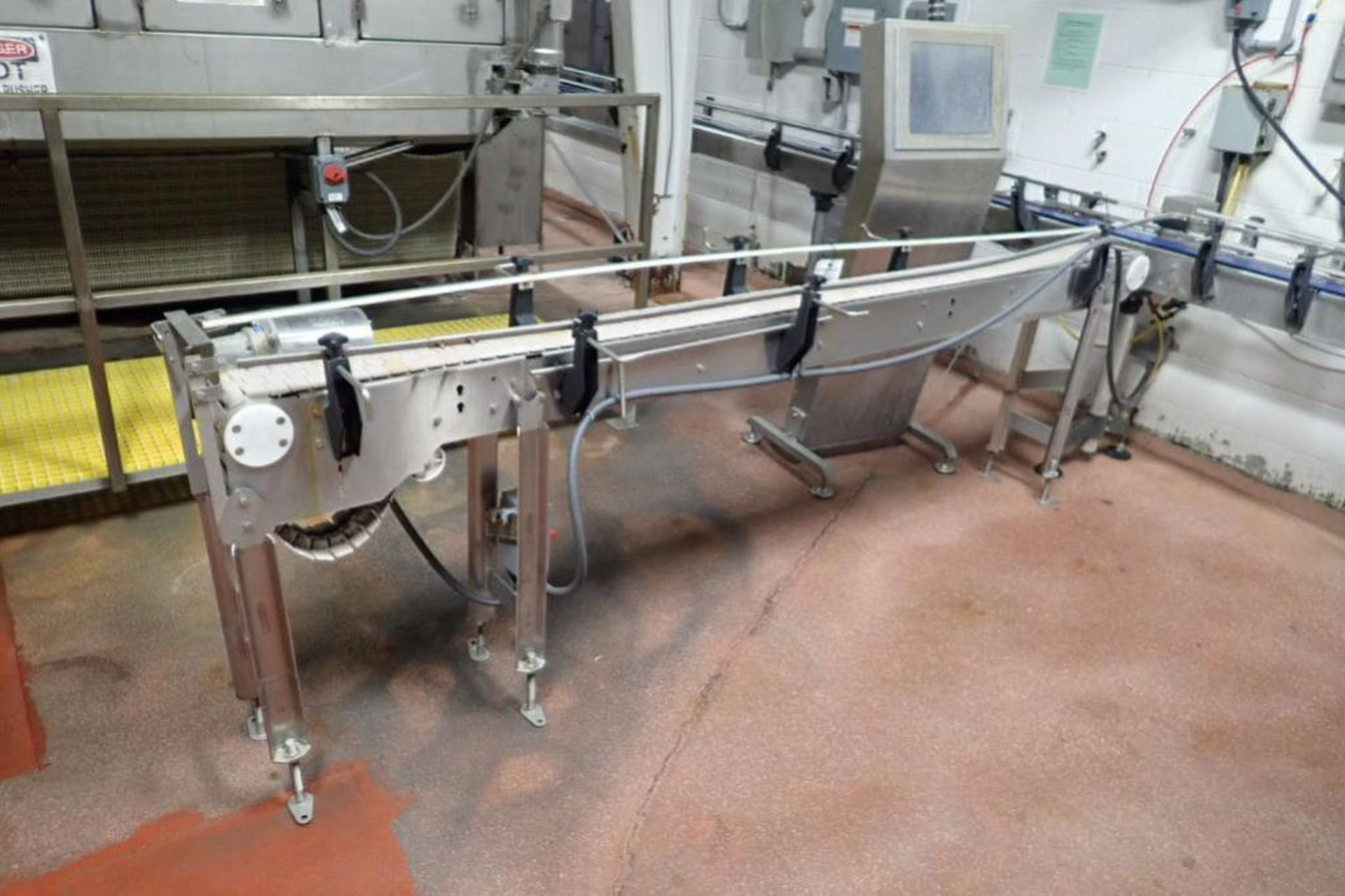 PDC belt conveyor, 120 in. long x 6 in. wide x 36 in. tall, SS frame, SS washdown motor and drive **