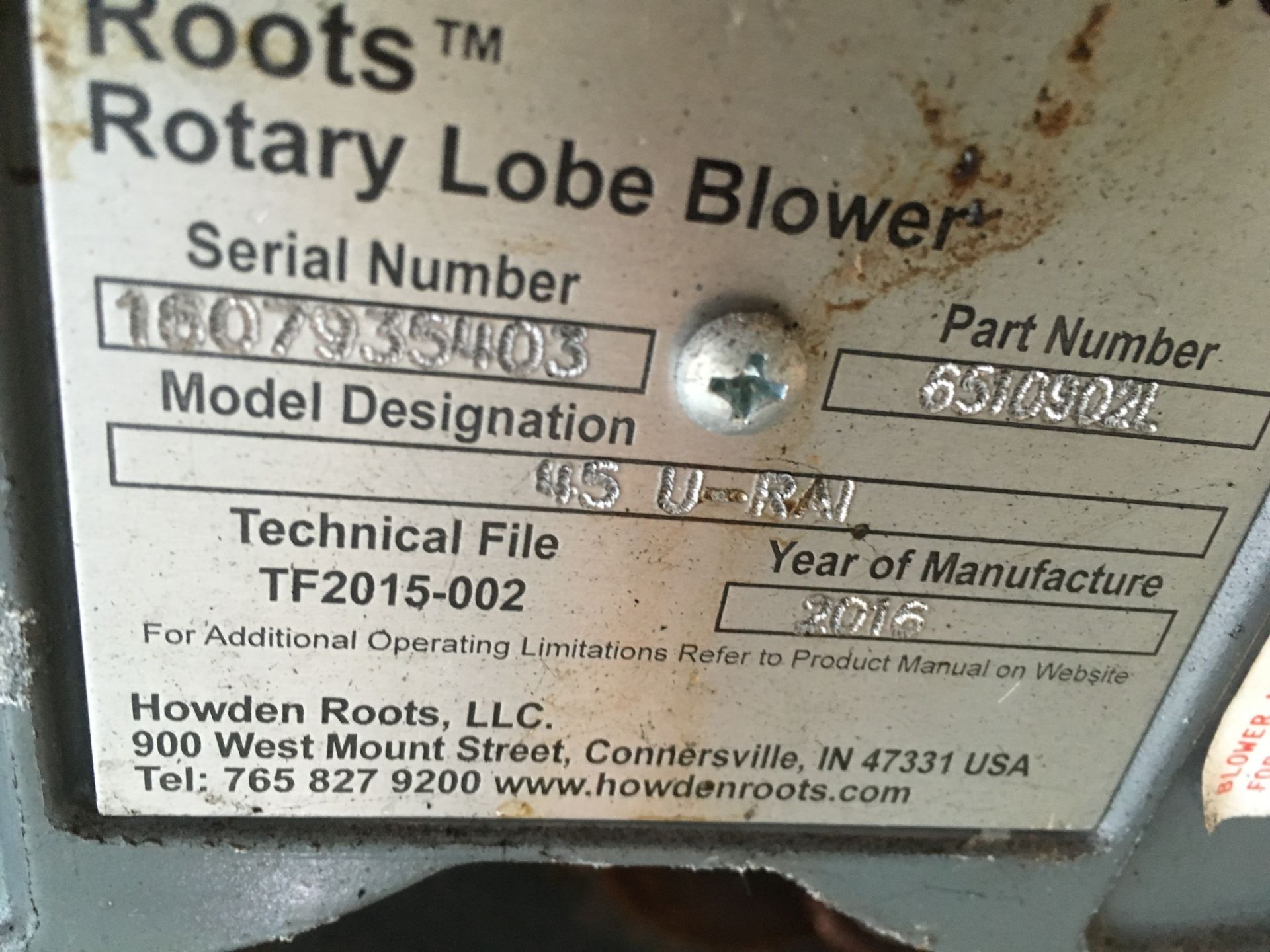 2016 Howden Roots rotary lobe blower, model 45-U-RA1, Sterling 5 hp SS motor ** Rigging Fee: $25 ** - Image 5 of 6