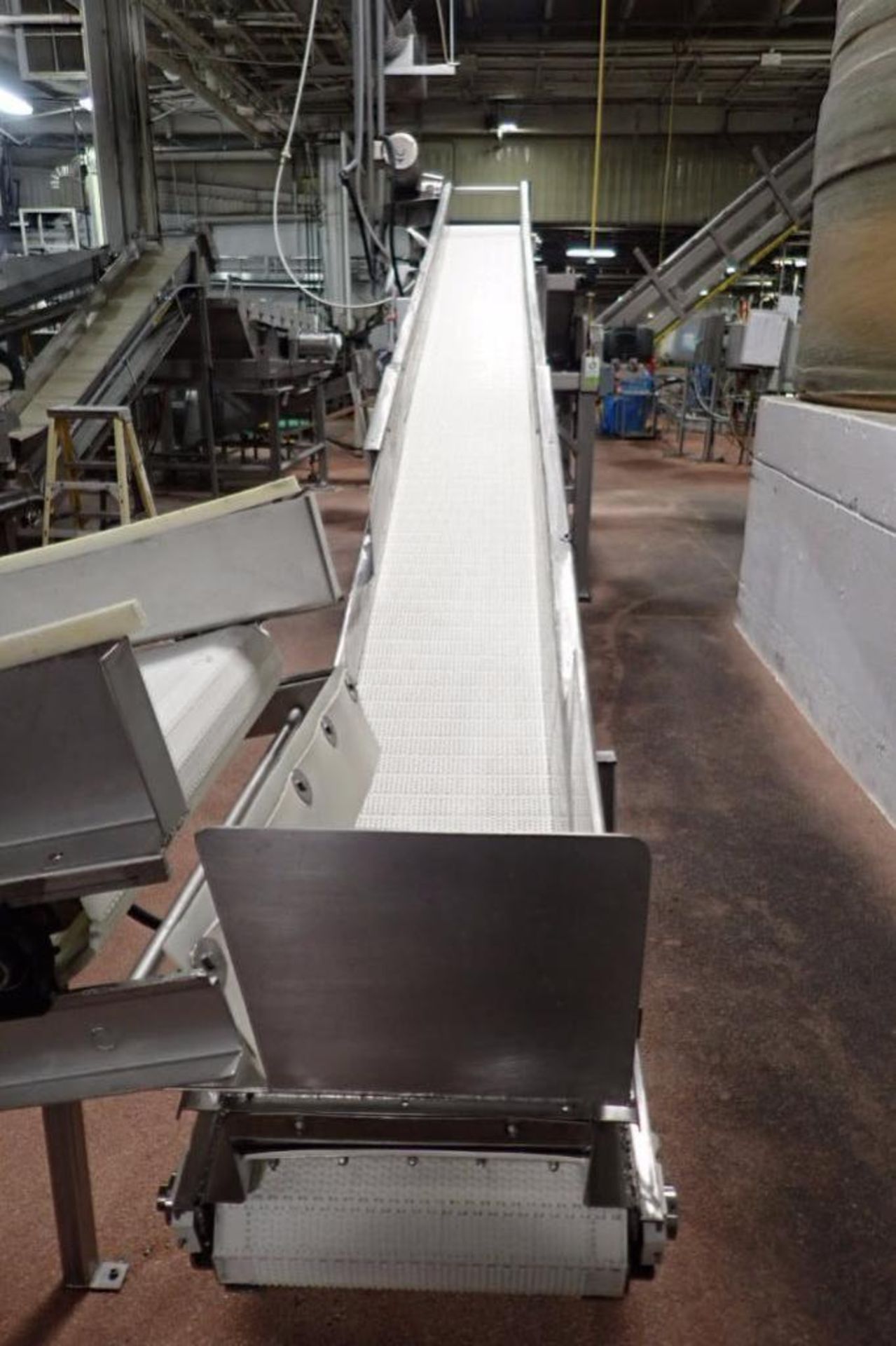Incline conveyor, plastic belt, 17 ft. long x 14 in. wide x 36 in. infeed x 84 in. discharge, SS fra - Image 2 of 5