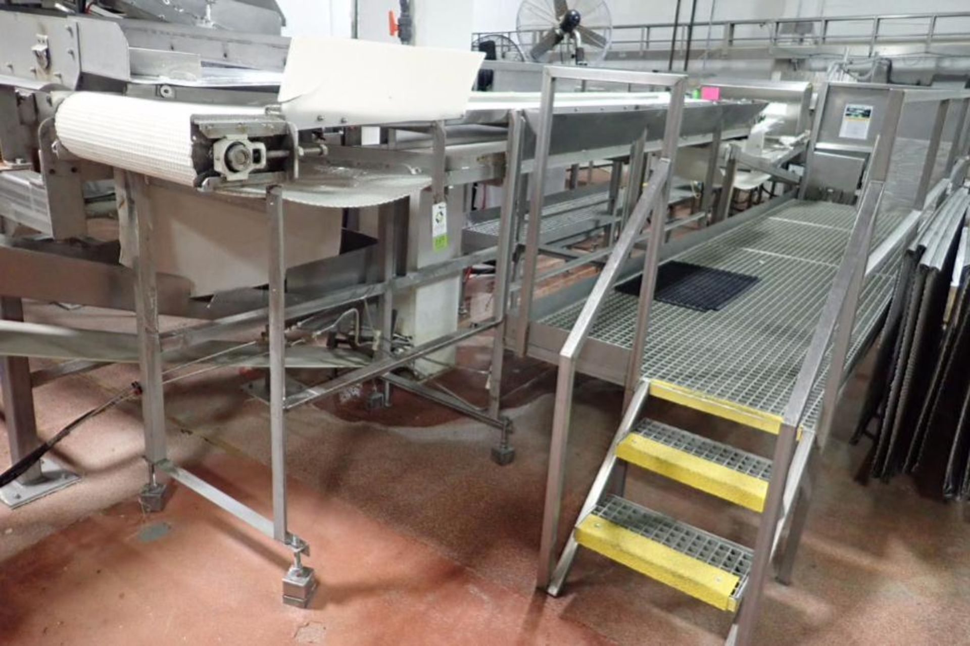 Belt conveyor, plastic intralox belt, 16 ft. long x 24 in. wide x 60 in. tall, SS frame, motor and d