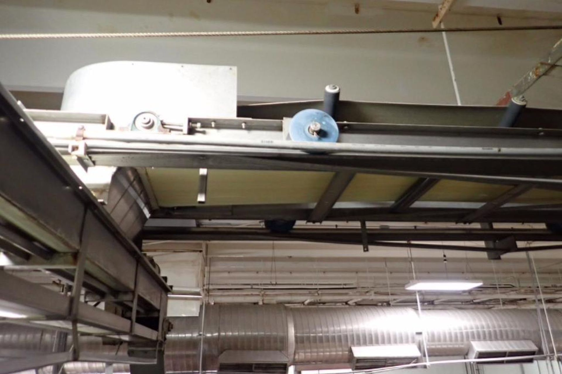 Overhead conveyor, vinyl belt, 45 ft. long x 16 in. wide, SS frame, motor and drive ** Rigging Fee: - Image 3 of 7