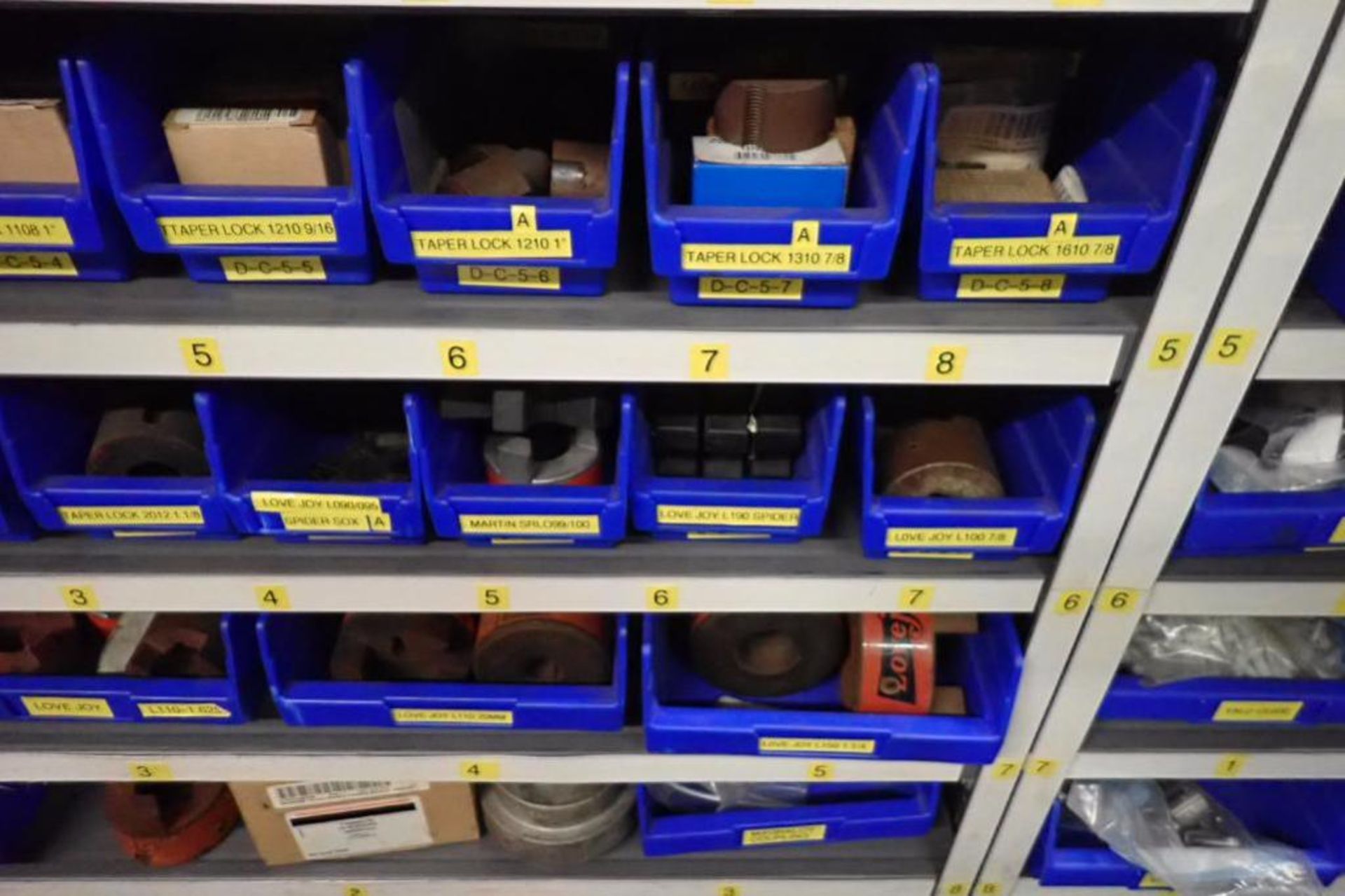 Contents only of 3 sections of shelving, conveyor parts, roller, clamps, springs, rod ends, hydrauli - Image 12 of 22