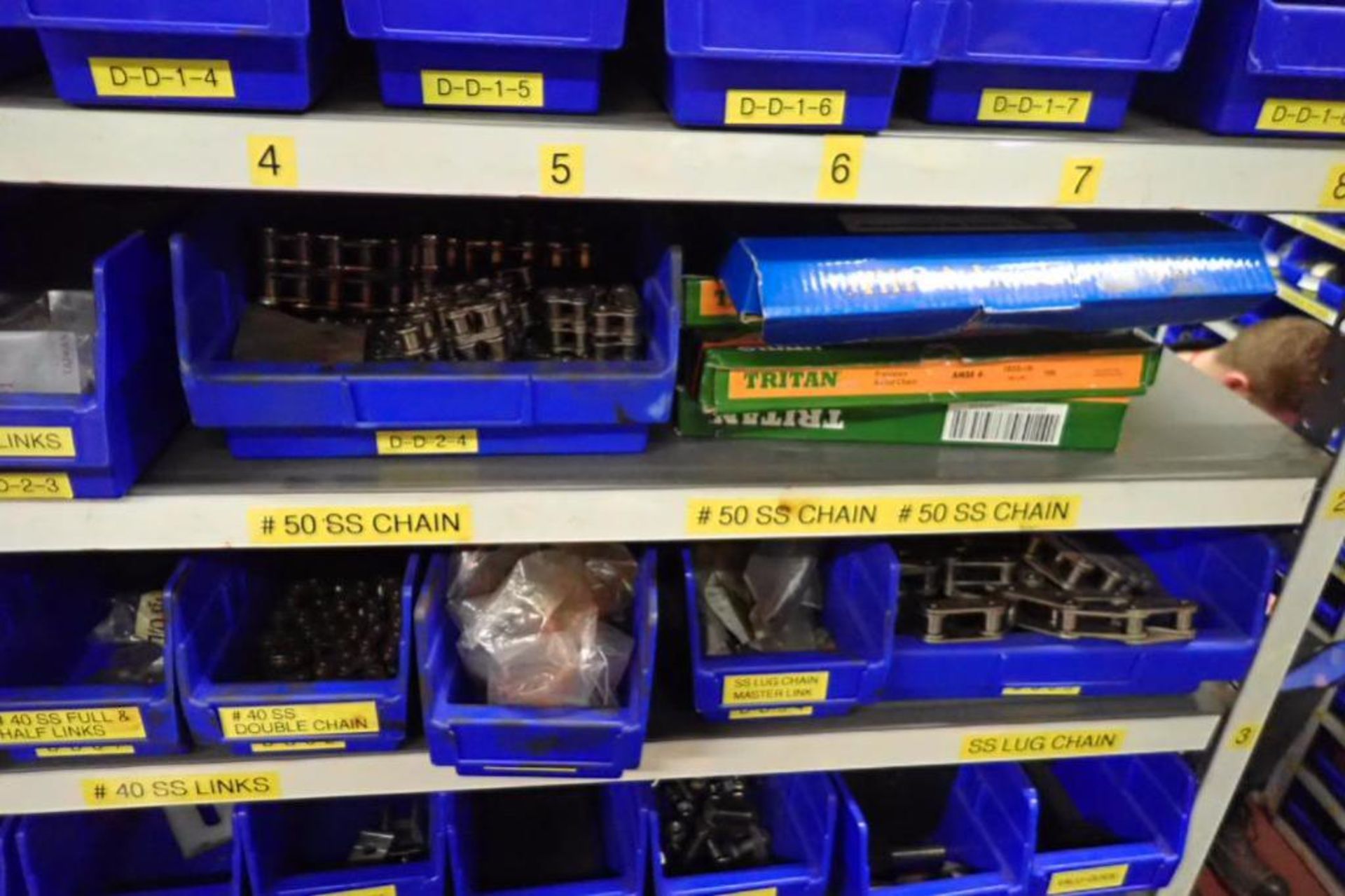 Contents only of 3 sections of shelving, conveyor parts, roller, clamps, springs, rod ends, hydrauli - Image 5 of 22