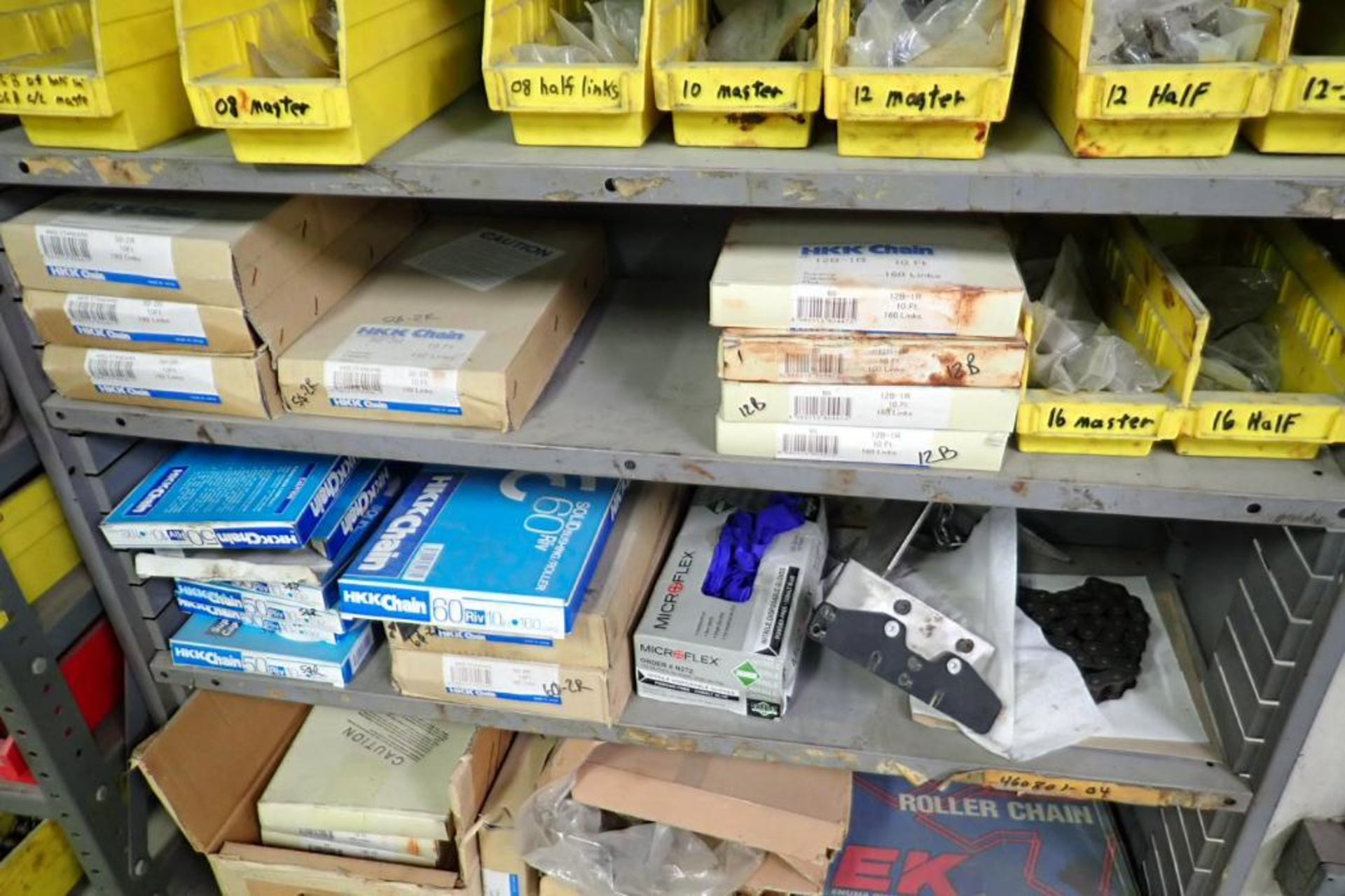 Roller chain, chain parts, contents of 2 sections of shelves. **Rigging Fee: $100** (Located in Broo - Image 3 of 20