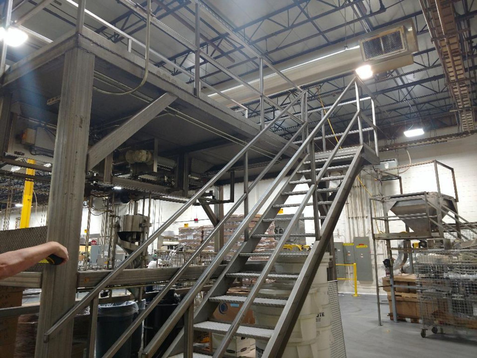 SS platform for 3 ingredient feeder, 16 ft. long x 8 ft. wide x 10 ft. tall, with stairs, welded, (3