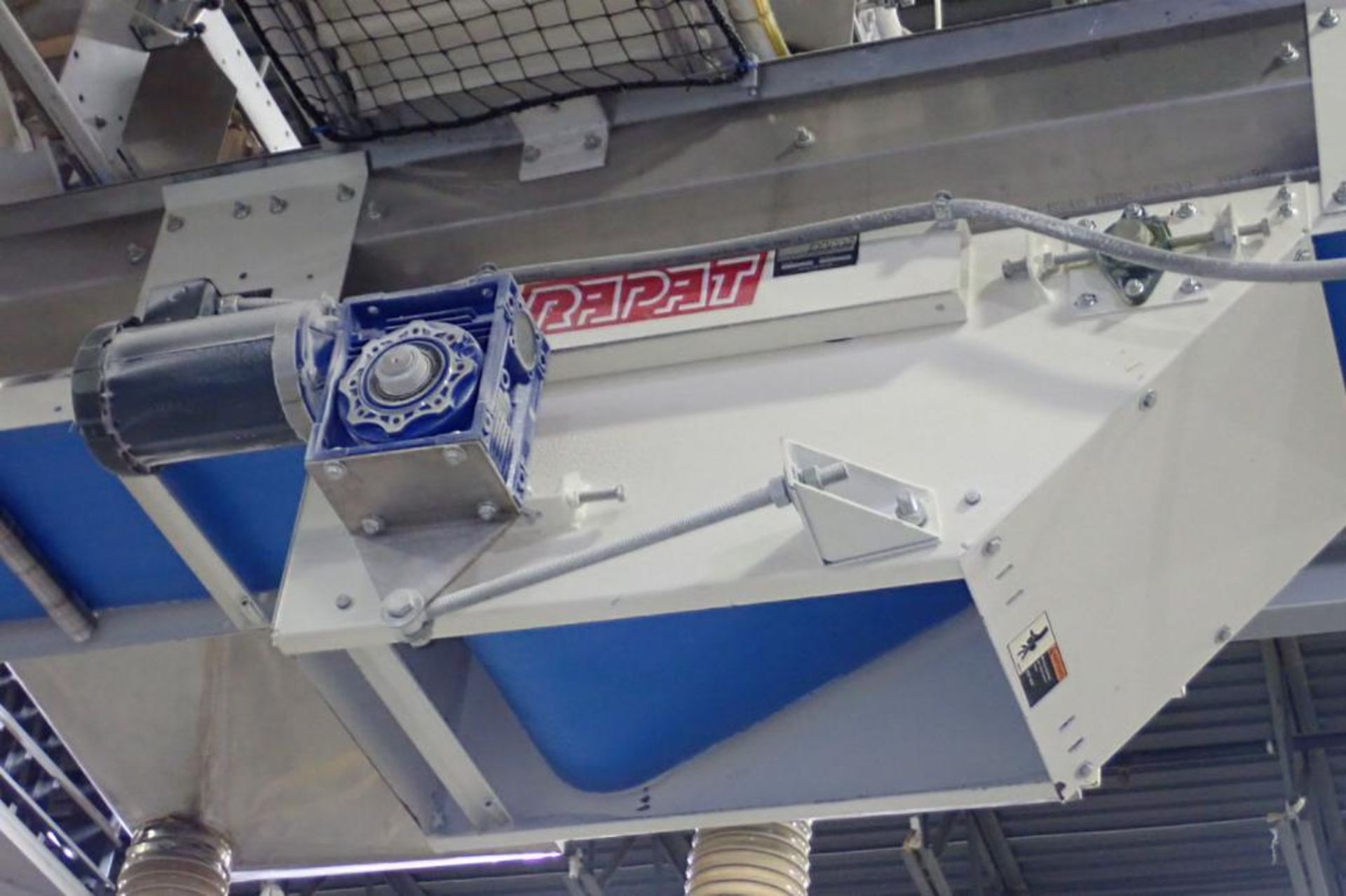 Rapat infeed conveyor, 20 ft. long x 24 in. wide, blue belt, motor and drive, suspended from ceiling - Image 2 of 4