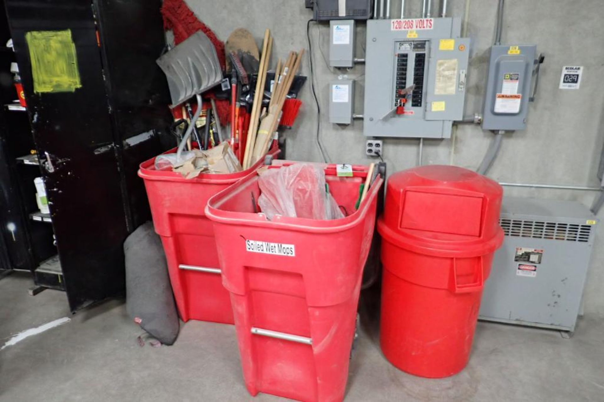 (3) barrels, sanitation supplies, shovels, brooms, new 11 in. floor scrubber brush. **Rigging Fee: $