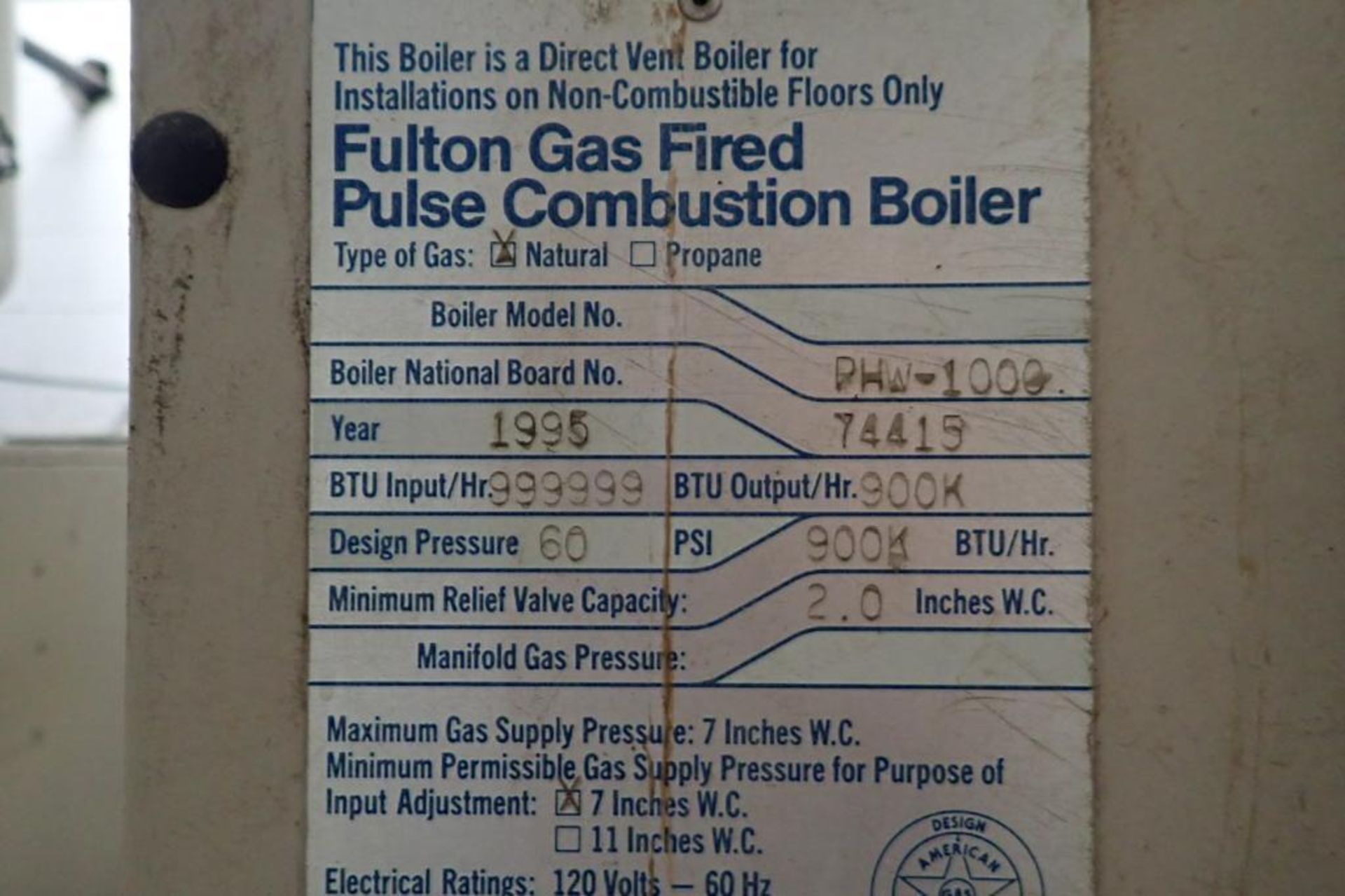 1995 Fulton gas fired pulse combustion boiler, Model PHW-1000, natural gas, 900k BTU/hr. output. **R - Image 4 of 10