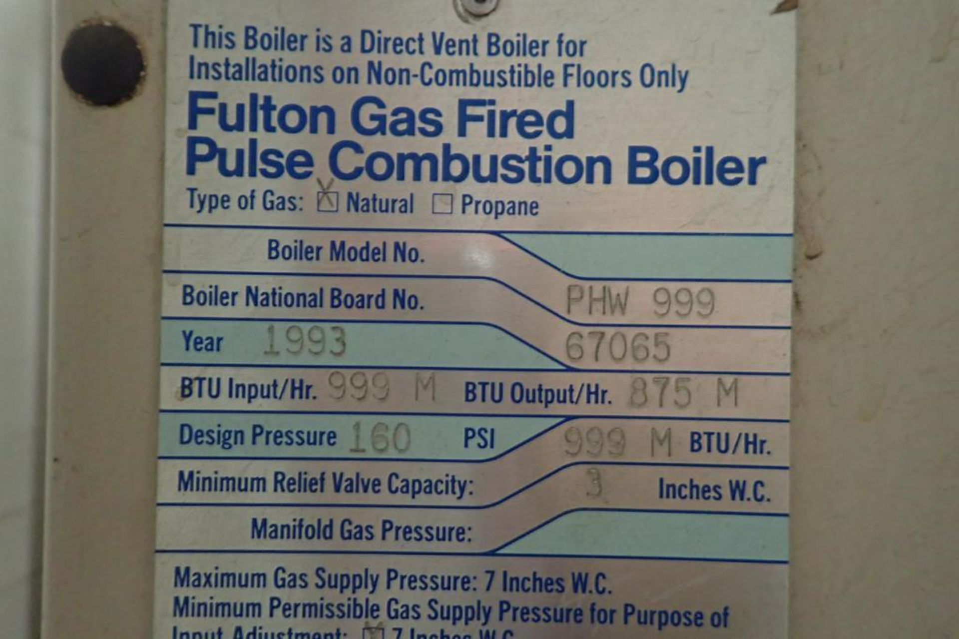 1993 Fulton gas fired pulse combustion boiler, Model PHW-999, natural gas, 875M BTU/hr. output.. **R - Image 8 of 9