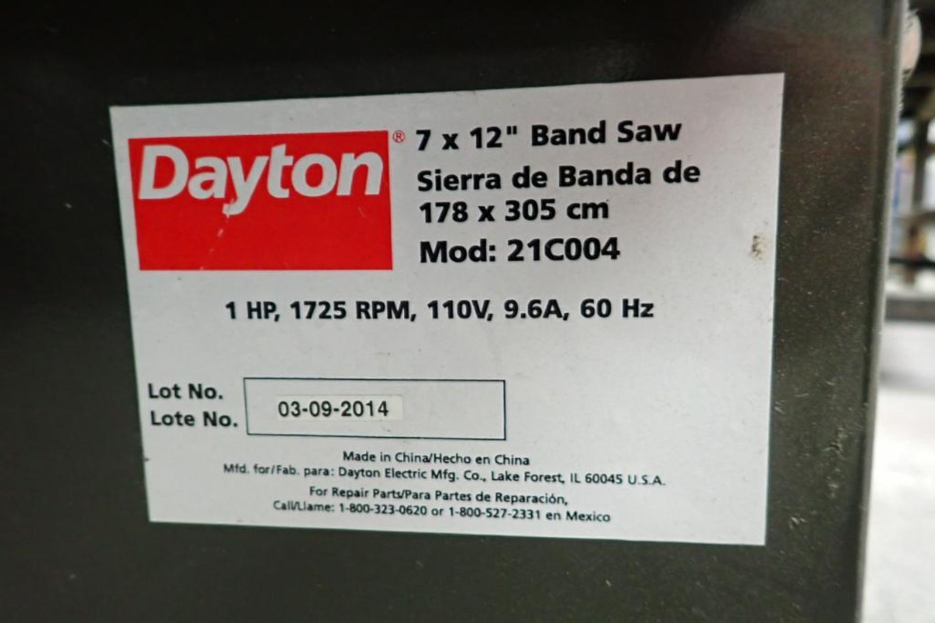 Dayton horizontal metal band saw with oiler, 7 in. x 12 in., 110 volt,. **Rigging Fee: $200** (Locat - Image 6 of 6