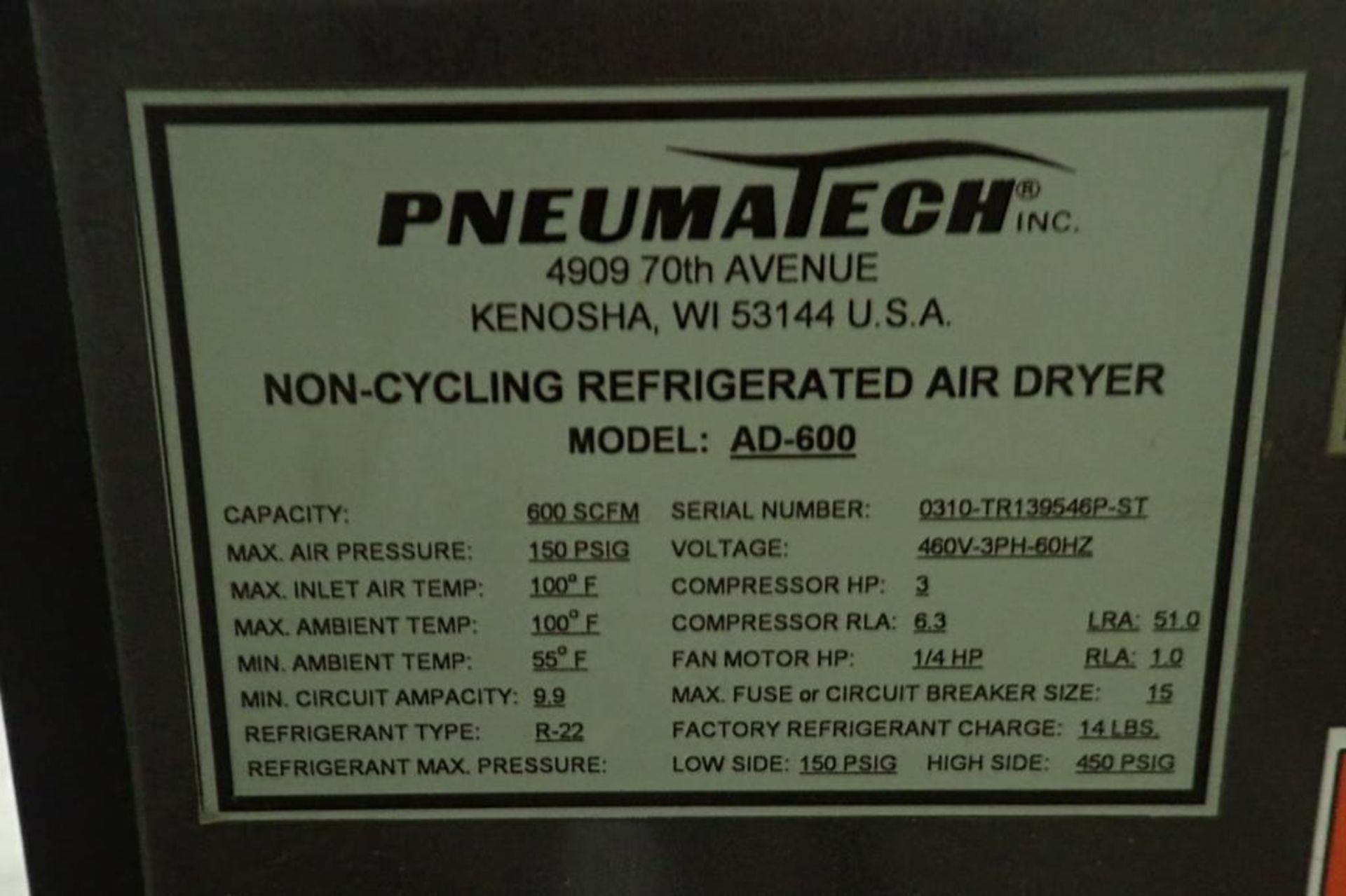 Pneumatic non-cycling refrigerated air dryer, Model AD-600, with Pure-Air mist eliminator, Model 800 - Image 6 of 8