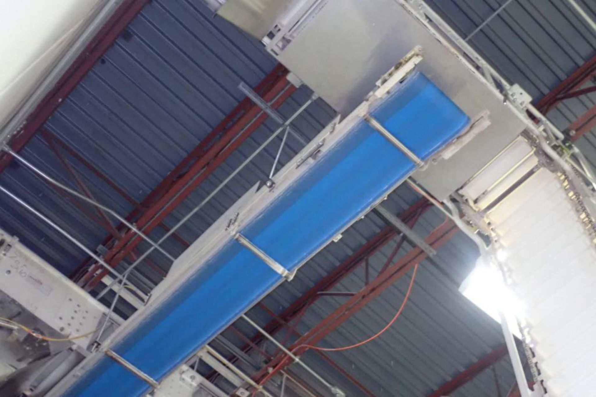 Overhead belt conveyor, blue belt, 24 ft. long x 16 in. wide, mild steel frame, motor and drive. **R - Image 3 of 3
