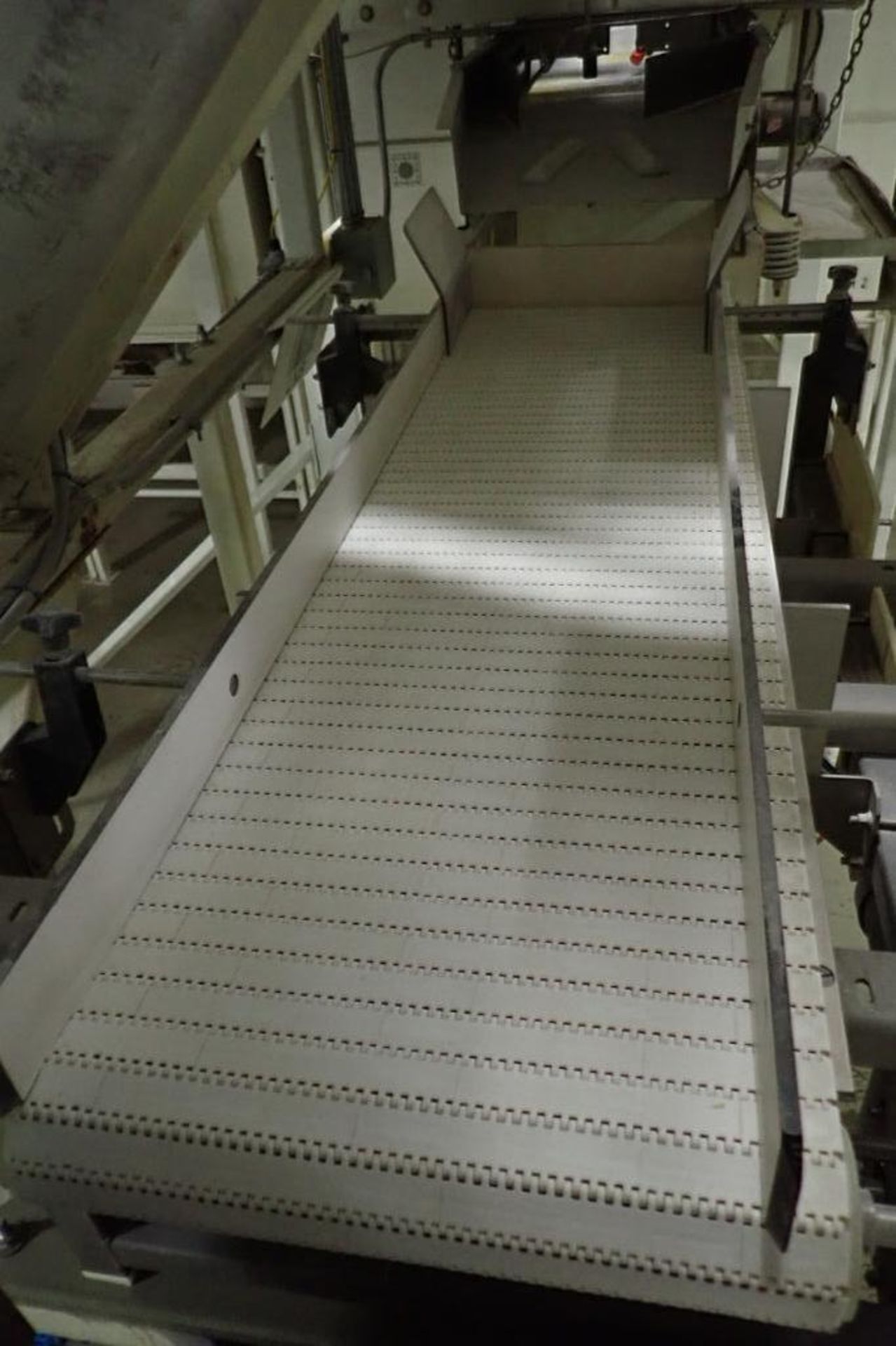 White plastic belt conveyor, 64 in. long x 18 in. wide, SS frame, motor and drive.. **Rigging Fee: $ - Image 3 of 4