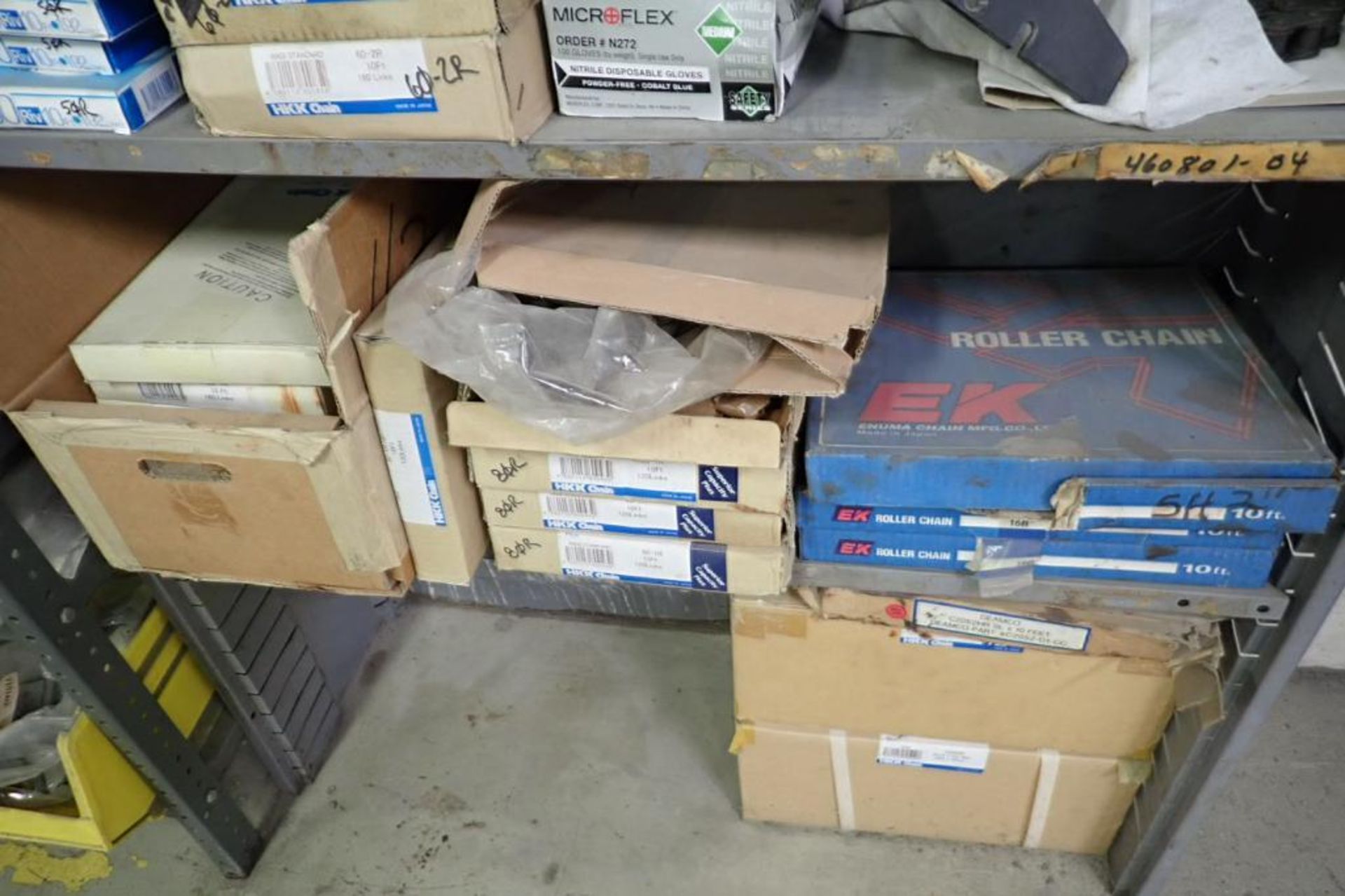 Roller chain, chain parts, contents of 2 sections of shelves. **Rigging Fee: $100** (Located in Broo - Image 2 of 20