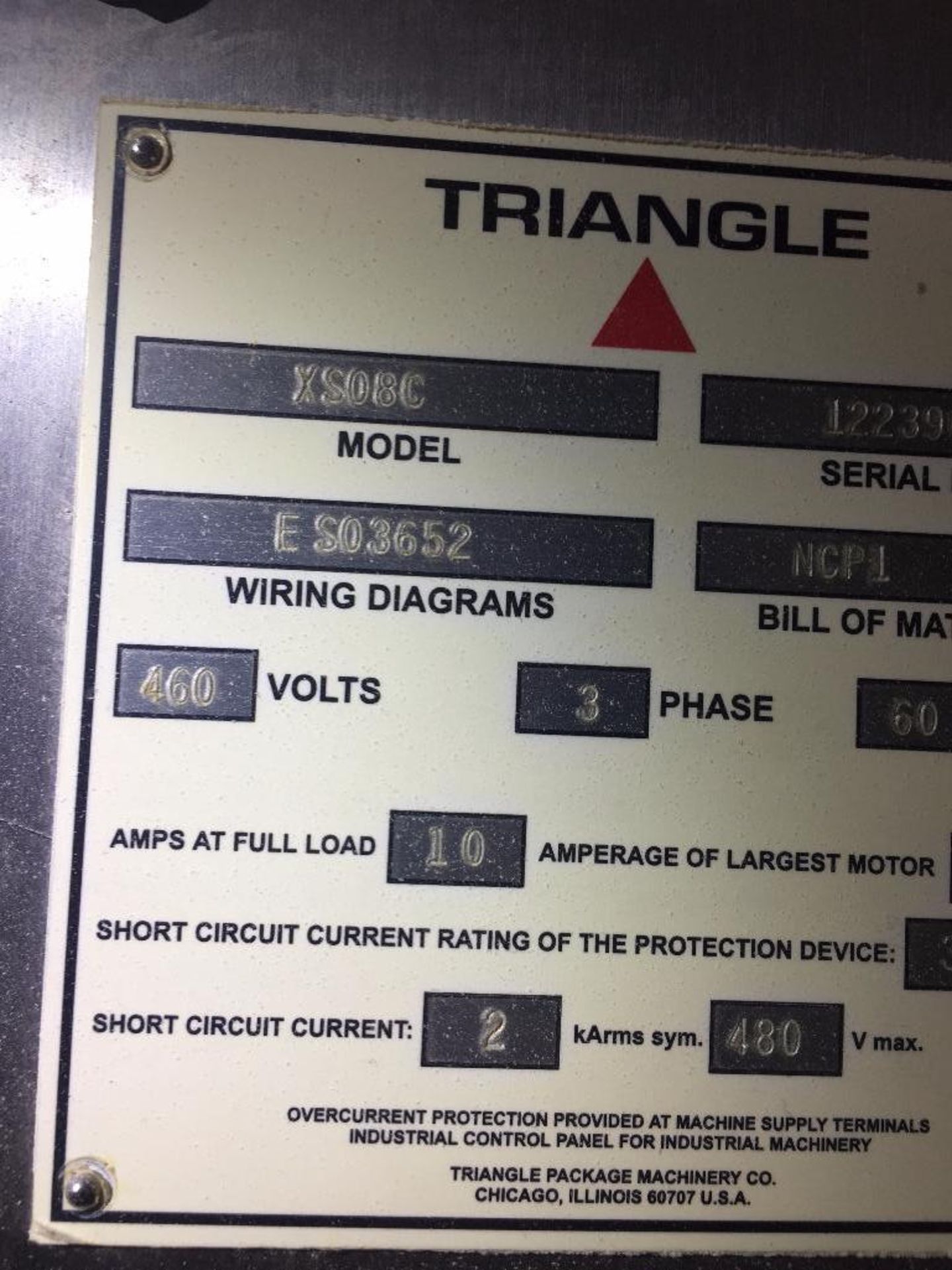 Triangle vertical form/fill/seal, model XS08C, s/n 122390, smart date coder. **Rigging Fee: $250 ** - Image 2 of 10