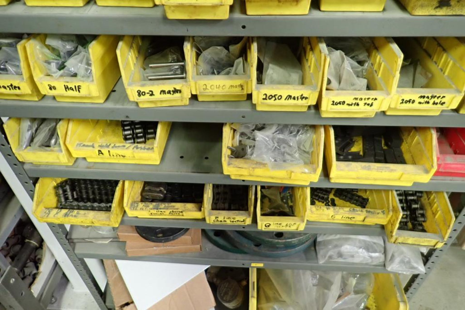 Roller chain, chain parts, contents of 2 sections of shelves. **Rigging Fee: $100** (Located in Broo - Image 6 of 20