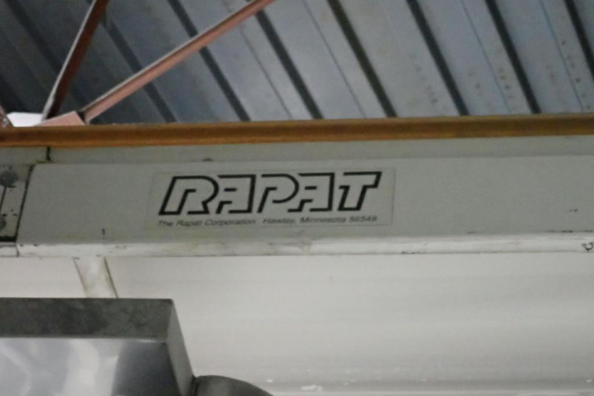 Rapat overhead belt conveyor, 26 ft. long x 16 in. wide, mild steel frame, motor and drive. **Riggin - Image 3 of 7