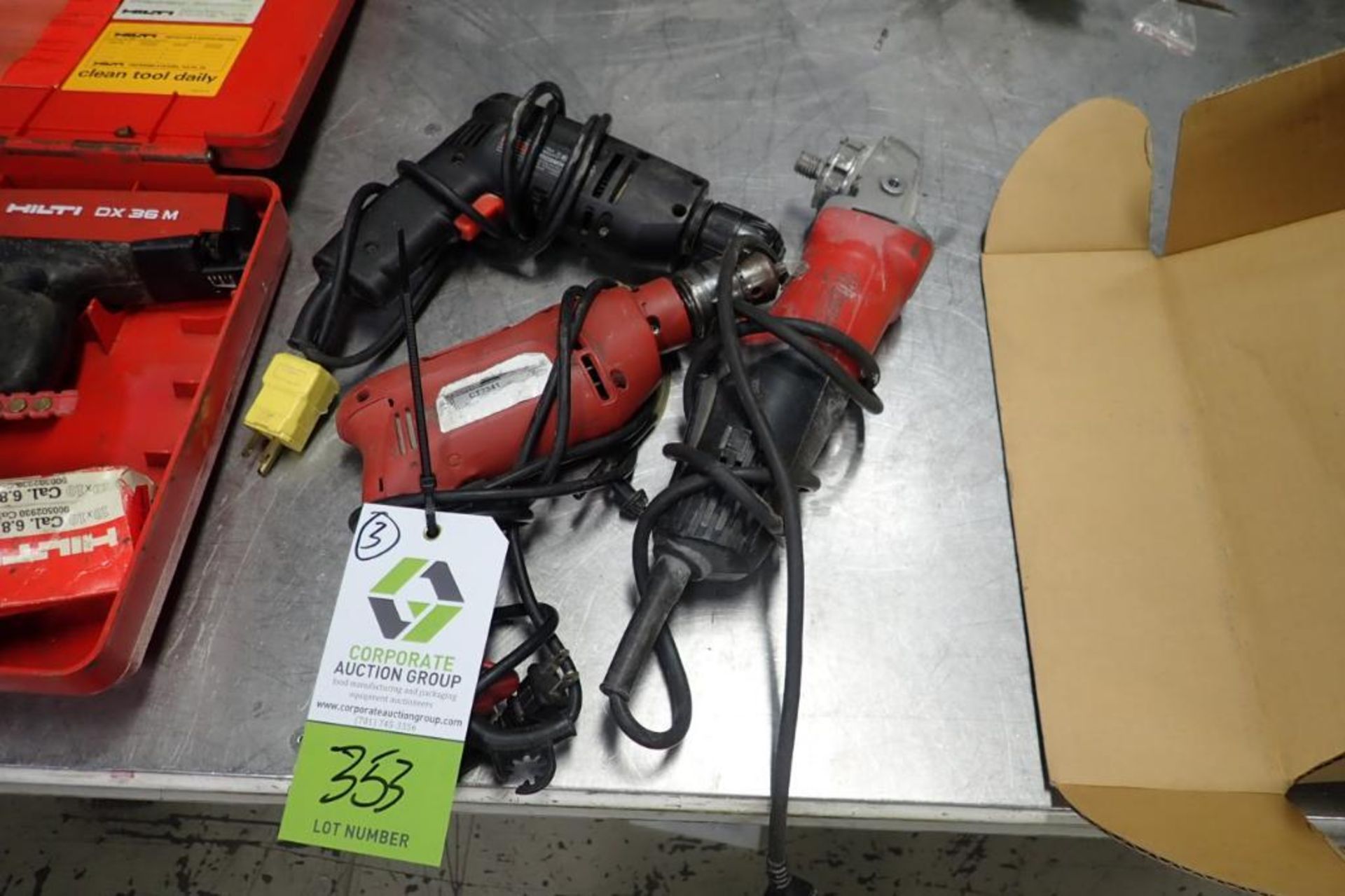 Milwaukee right angle grinder, (2) electric drills. **Rigging Fee: $10** (Located in Brooklyn Park,