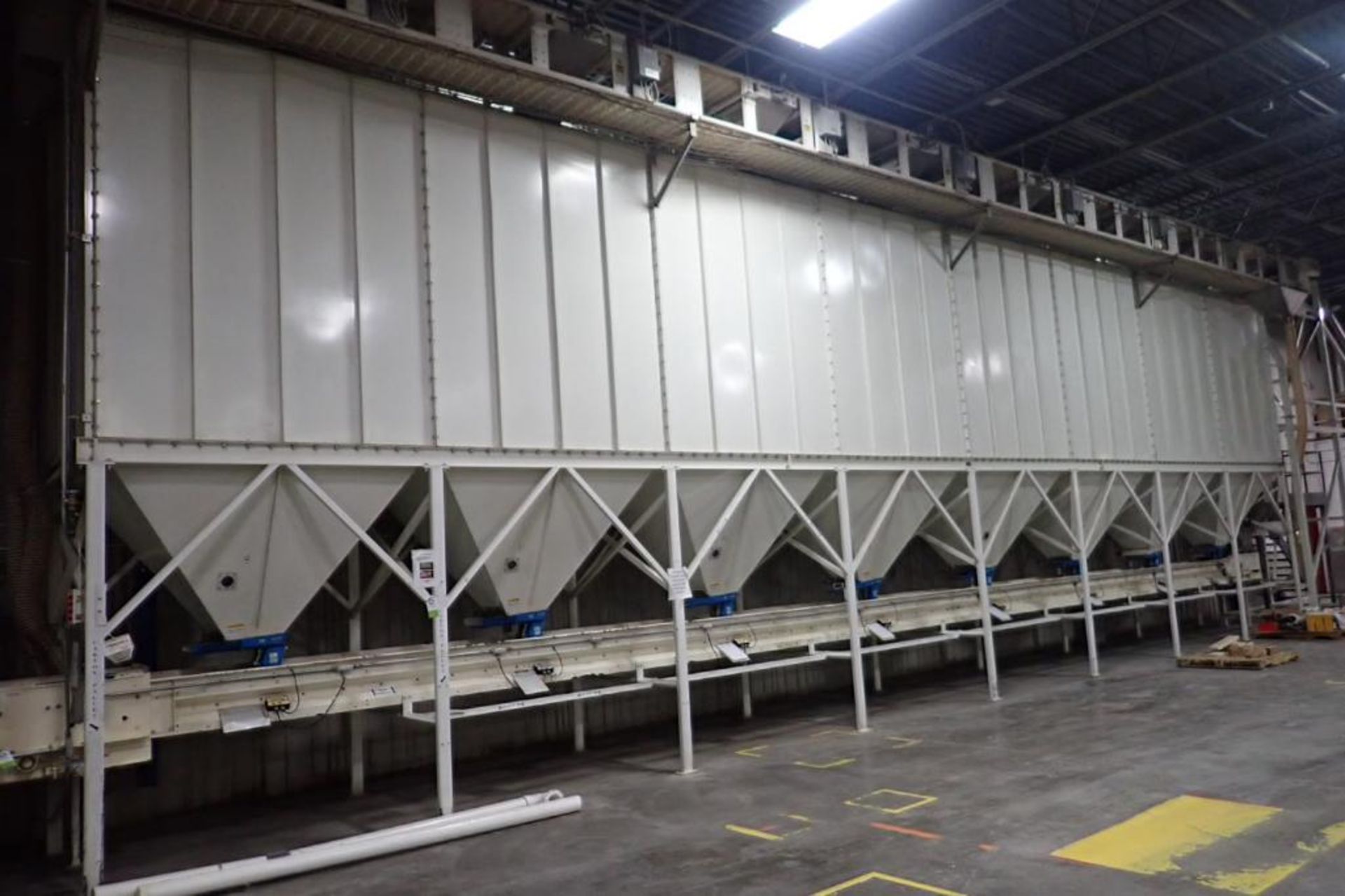 8-bin mild steel use bins, 85 in. wide x 66 in. deep x 10 ft. straight side x 5 ft. cone, overall 19