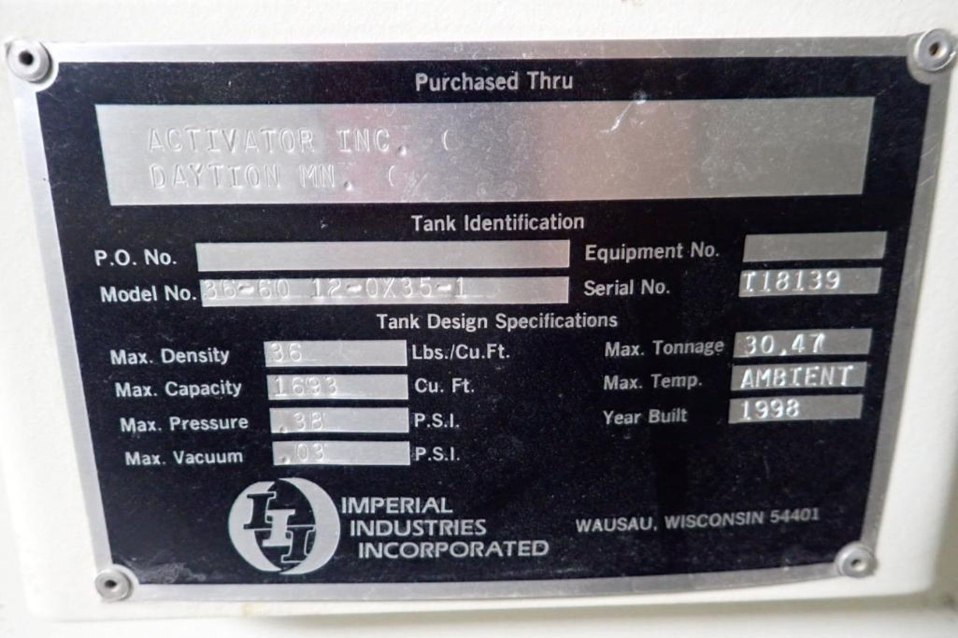 1999 Imperial Industries mild steel flour use bin, 12 ft. dia. X 27 ft. tall, 36 lbs./ cu ft. max de - Image 7 of 11