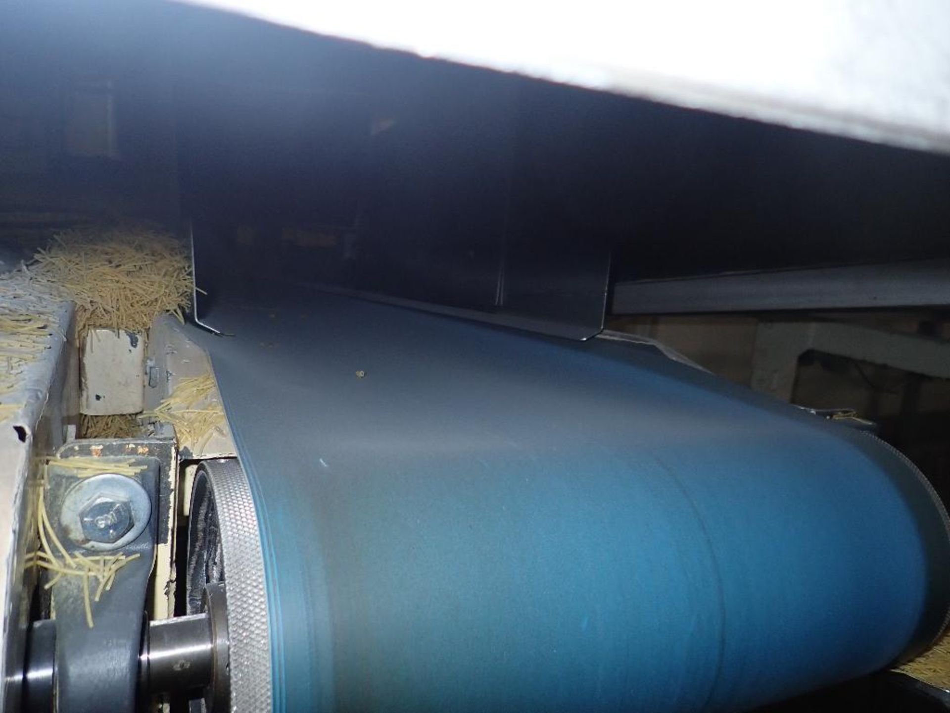 Overhead belt conveyor, blue belt, 108 in. long x 16 in. wide, mild steel frame, motor and drive. ** - Image 5 of 6