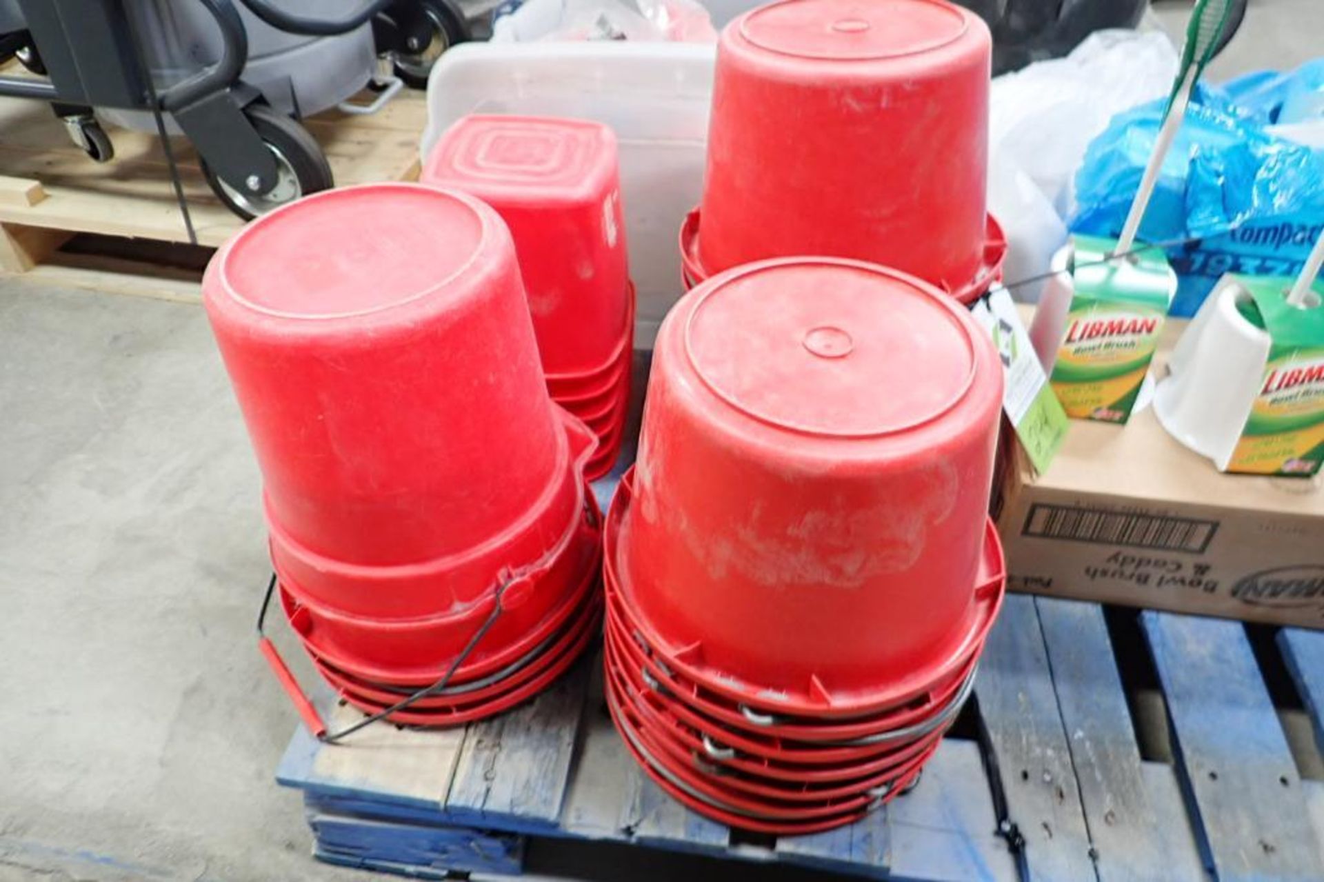 Skid with sanitation supplies, buckets, brushes, towels. **Rigging Fee: $25** (Located in Brooklyn P - Image 5 of 5