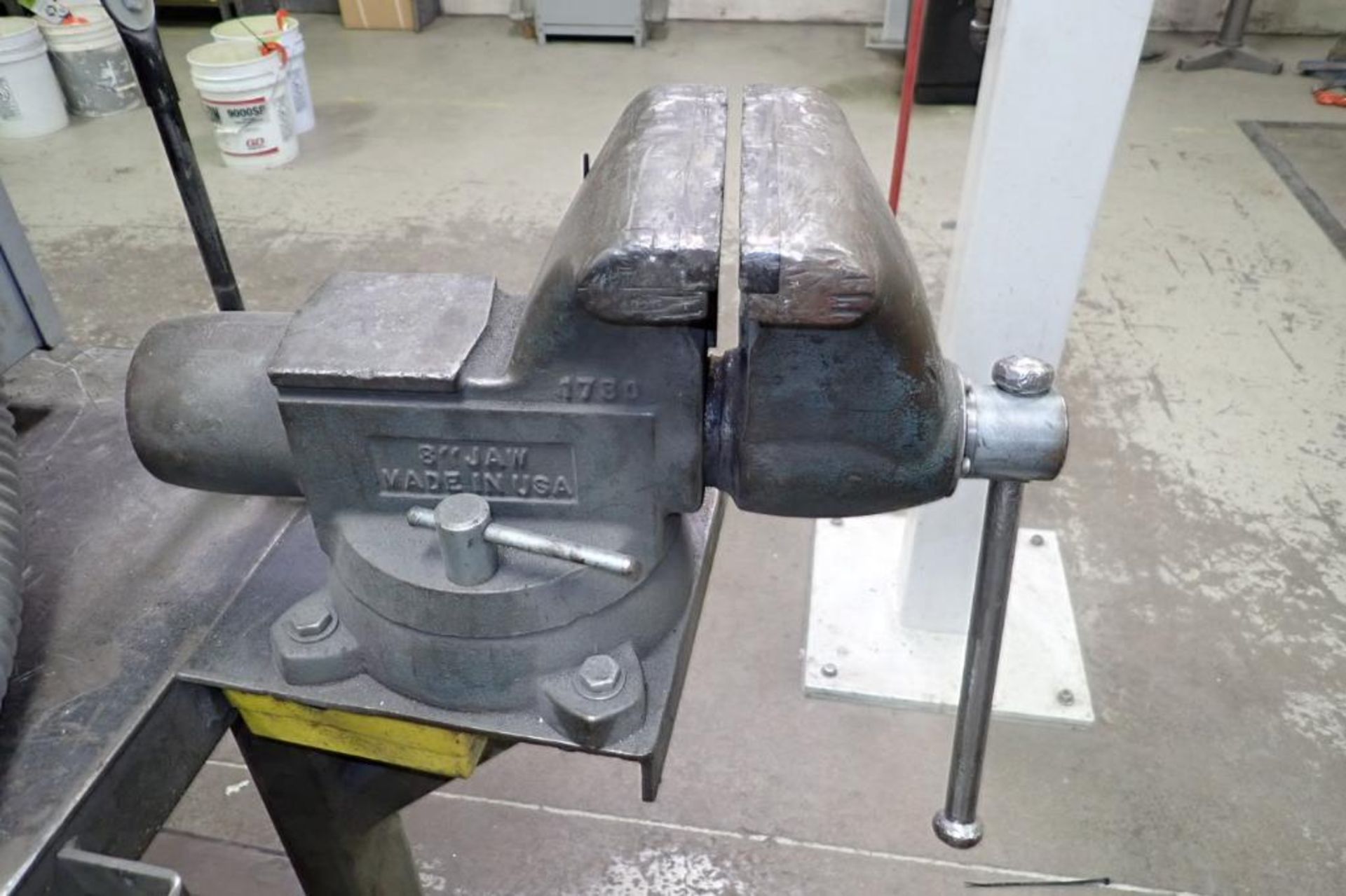 Steel work bench with vice, 8 in. jaw, 90 in. long x 48 in. wide x 36 in. tall. **Rigging Fee: $50** - Image 3 of 5
