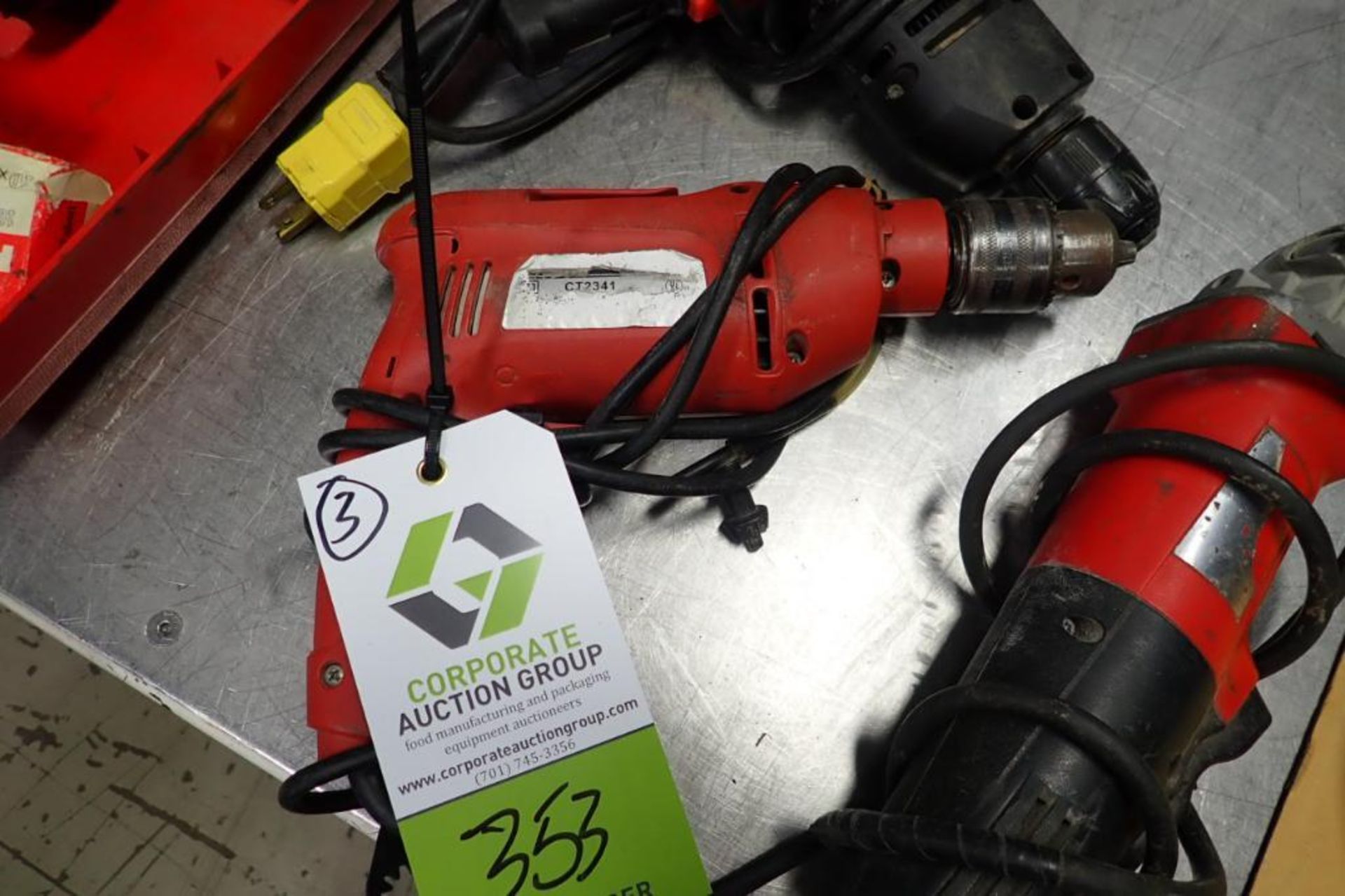 Milwaukee right angle grinder, (2) electric drills. **Rigging Fee: $10** (Located in Brooklyn Park, - Image 3 of 5